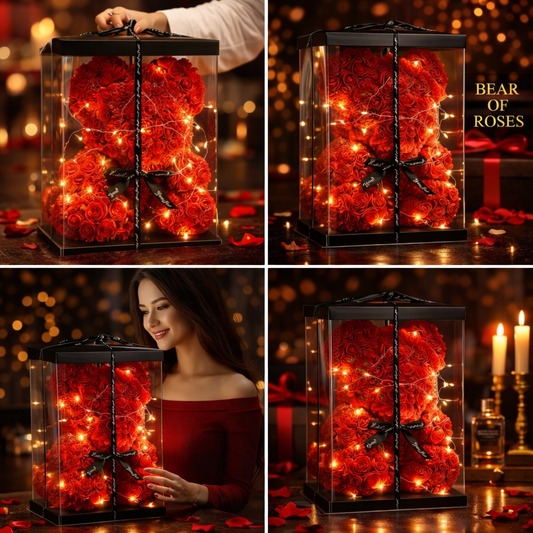 Czerwony miś wykonany z piankowych róż z czarną wstążką w przezroczystym pudełku z lampkami LED.