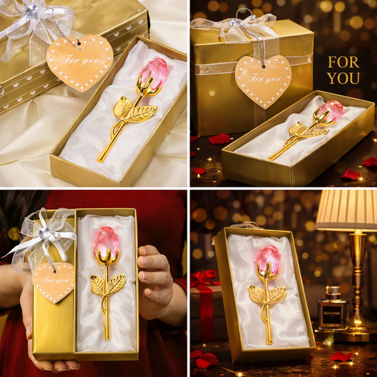 Kryształowa wieczna róża w kolorze różowym ze złotą łodygą w eleganckim pudełku prezentowym z zawieszką For You.