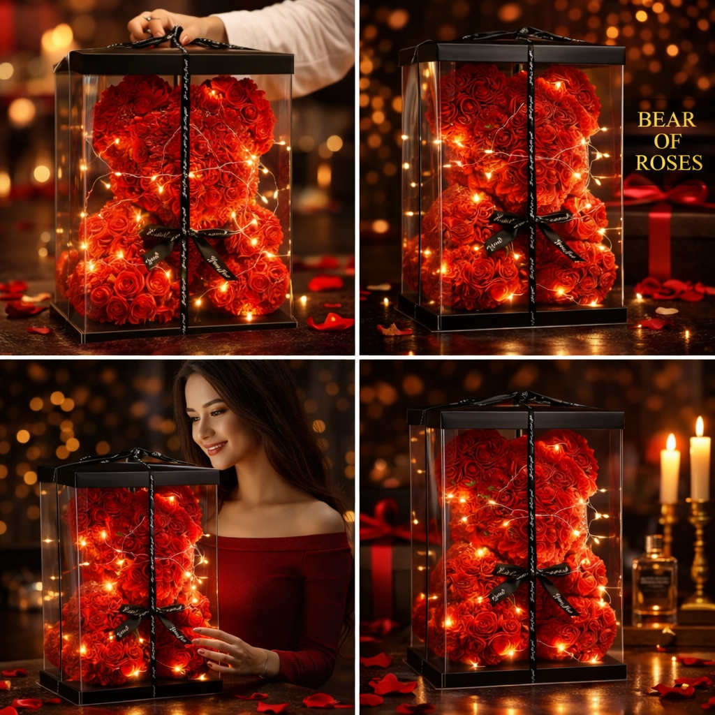 Czerwony miś wykonany z piankowych róż z czarną wstążką w przezroczystym pudełku z lampkami LED.