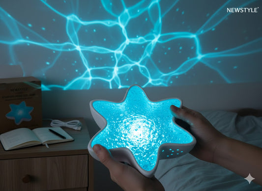 Projektor gwiazd i fal oceanu wyświetlający niebieskie światło na ścianie w sypialni – nastrojowe oświetlenie na randkę.